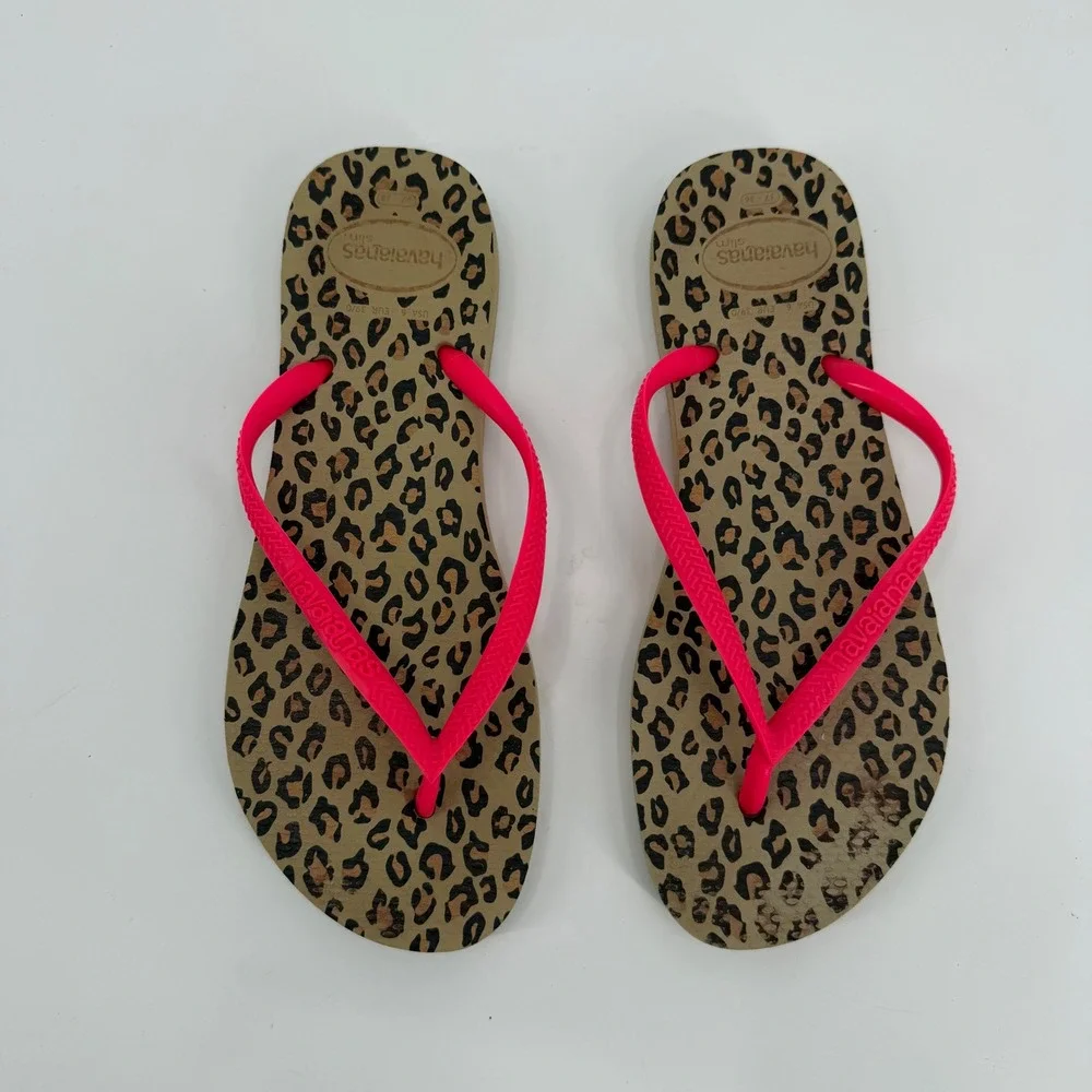 Havaianas Slim Leopard Flip Flops Neon Pink Straps Animal Print Womens Size 6